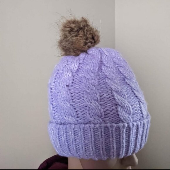 Purple cable knit Beanie with pom pom and mittens set - Picture 3 of 4